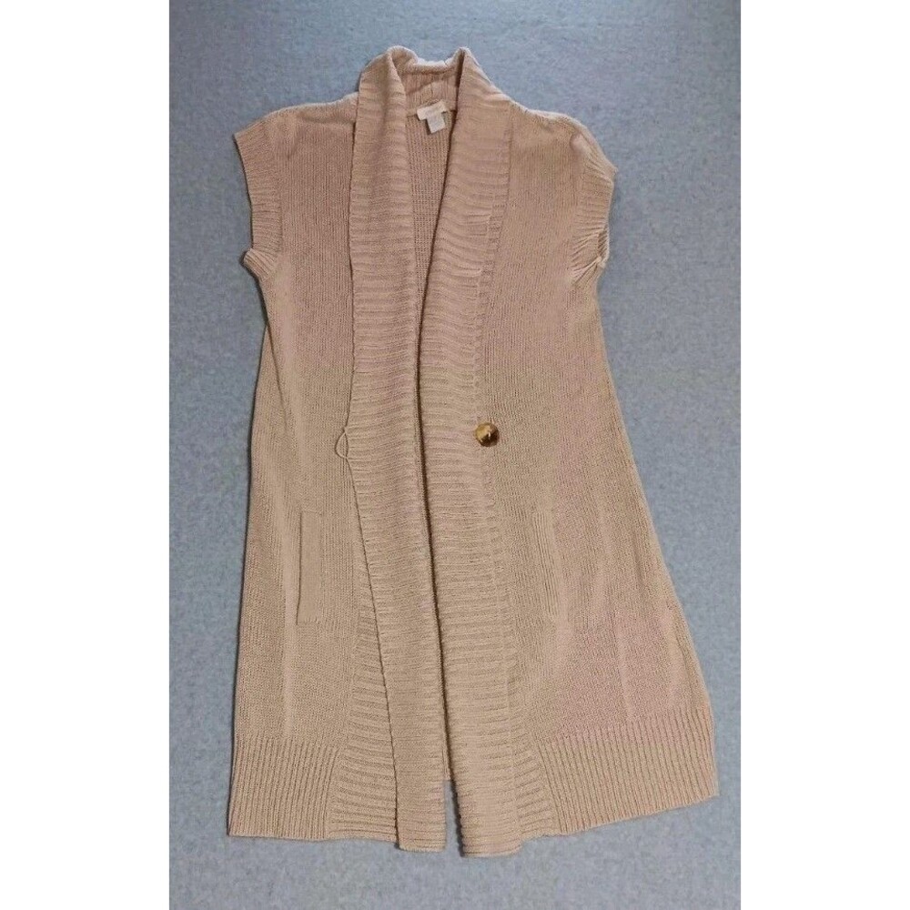 Chicos Sleeveless Long Button Cardigan Womens Size 1 Beige Tan Knitted...